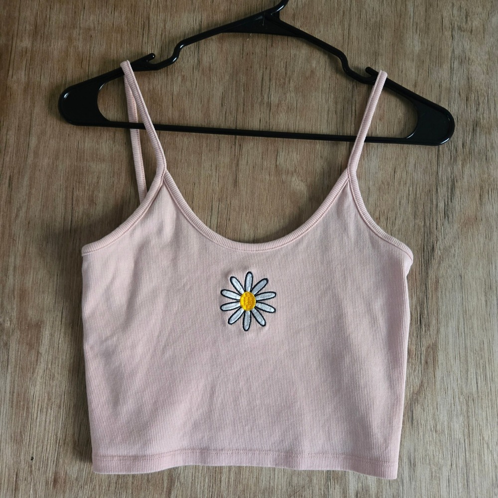 Boho Y2K Cottagecore Cotton On Pink Ribbed Daisy Embroidered Crop Tank Top Large